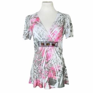 10/$25🦋 B.L.E.U White, Pink & Black Animal Print Rhinestone Blouse - Medium